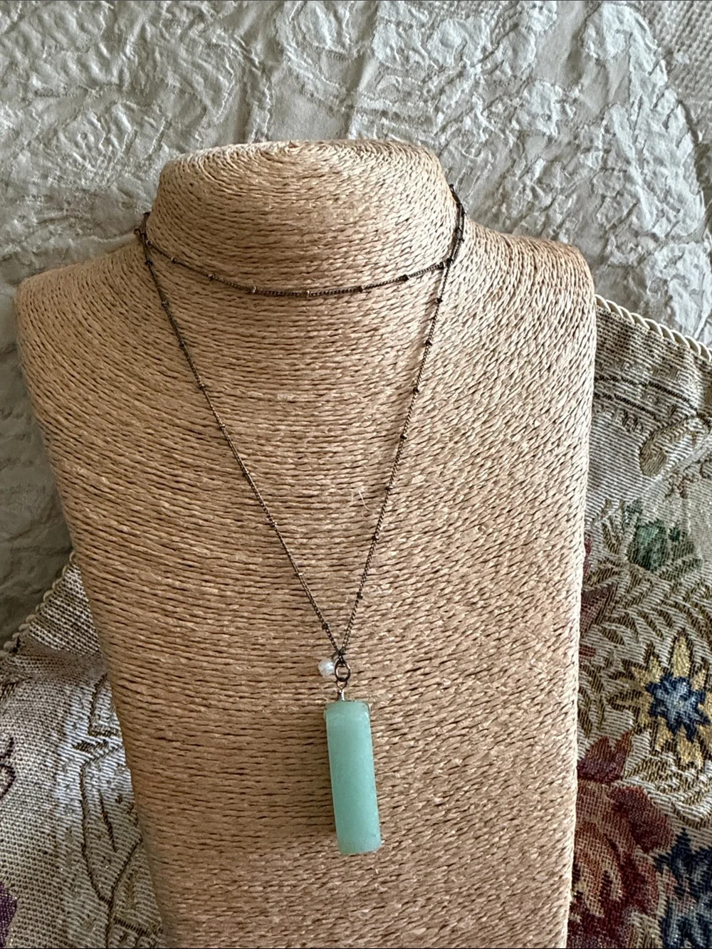 Long sterling silver darkened chain with tiny silver balls green semi precious